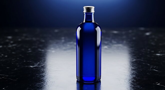 Elegant, Tall Cobalt Blue Glass Bottle with Silver Cap, Reflecting on a Dark, Glossy, Textured Surface with Dramatic Spotlight Lighting and Moody Background