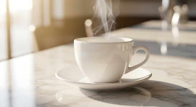 A steaming hot white cup of aromatic coffee on a marble surface, bathed in warm sunlight, creating a cozy morning atmosphere.