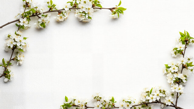 A vintage spring design featuring a frame of white snowdrops and green leaves on a weathered wooden background creates a natural floral border for a rustic greeting card