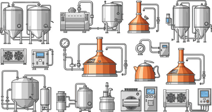 Set of Brewery Equipment Illustrations Including Fermentation Tanks, Distillation Units, Brewing Systems, and Industrial Beer Production Machinery