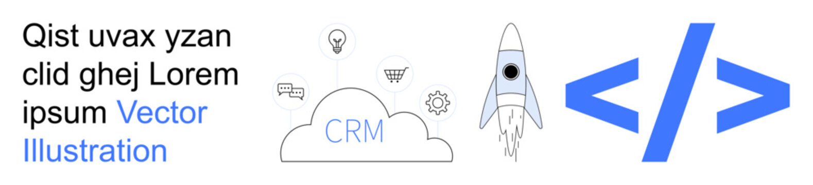Technology, CRM systems, innovation, coding, cloud application, launching new ideas. Rocket and cloud with CRM text surrounded by gear and lightbulb icons. Technology and CRM systems innovation