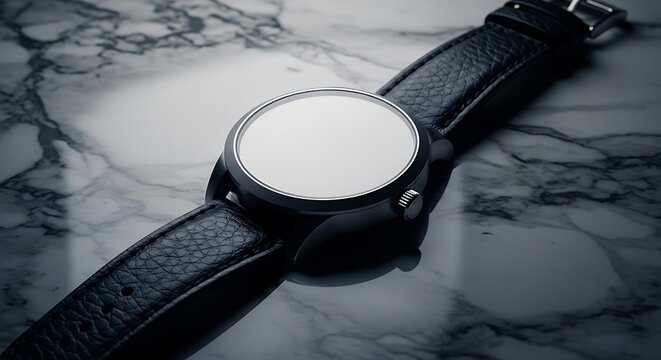 Minimalist modern digital smartwatch with sleek black leather strap resting on a polished grey marble surface with dramatic lighting and reflection