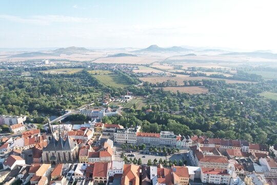 Louny historical town and city center aerial panorama, Ceske Stredohori,Bohemia Czech republic, old town square and streets landmark