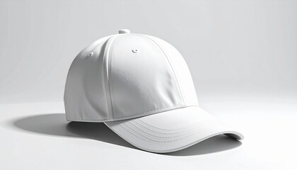 Fototapeta premium A white baseball cap sits on a plain surface with a subtle shadow cast on a light gray background.