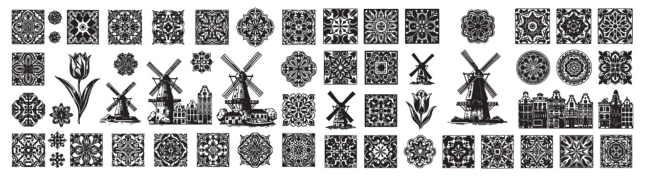 Dutch Tile Pattern Set With Windmills, Tulip and Ornamental Mosaic Motifs, Vintage Decorative Elements