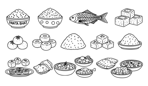 Bengali festival food icons black and white vector set for Pohela Boishakh