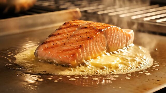 Delicious Salmon Fillet Sizzling on Hot Griddle with Butter, Close-up Cooking Shot