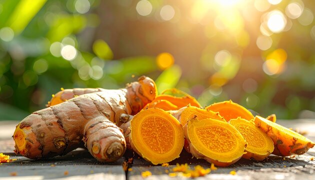 Fresh Turmeric Roots and Slices on Wooden Table with Sunlight.