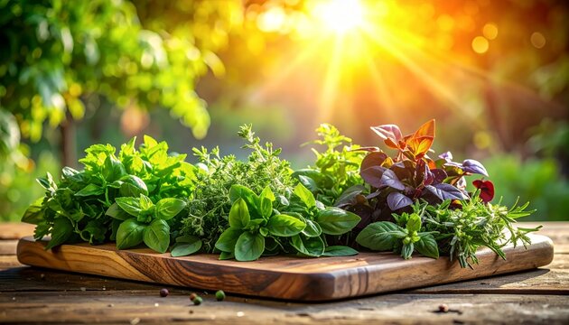 Freshly picked herbs on a wooden board in a sunlit garden.