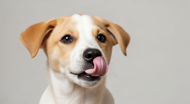 Happy jack russell terrier dog sticking tongue out on neutral background