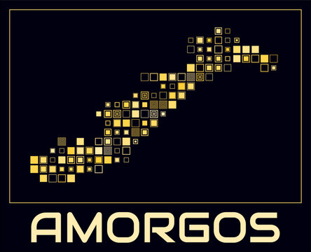 Amorgos digital style map. Large square dots on dark background. Dotted shape of the island. Amorgos map and title. Awesome vector illustration.