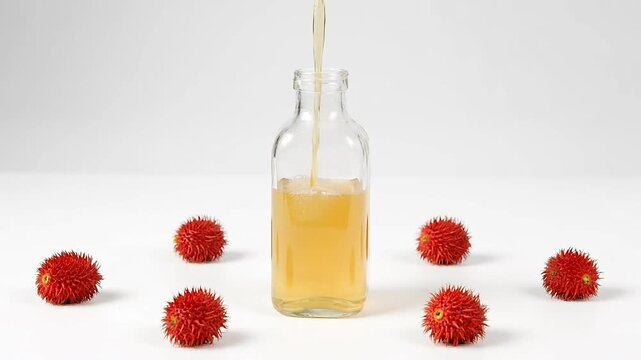 Annatto seeds pouring into a glass bottle on a white background