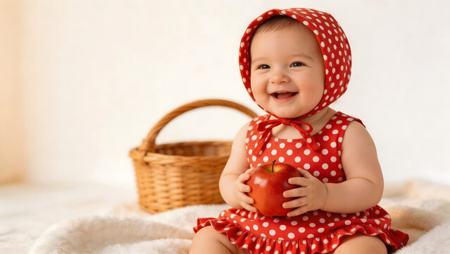 Baby girl holding apple wearing red polka dot dress