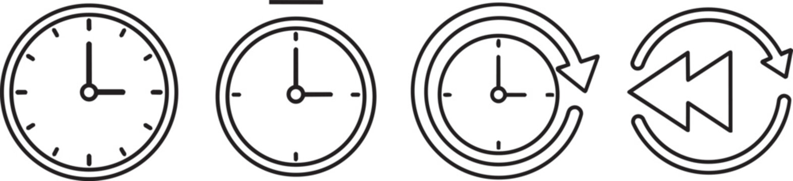 A sequence of four black line art icons depicts clocks showing different times and a recycle symbol high quality professional detailed modern elegant stylish clean crisp
