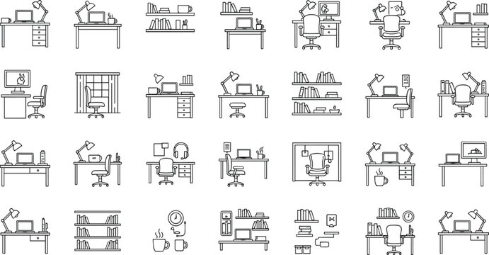 Office workspace and desk setup line icons set with computer furniture productivity organization and modern work environment concepts