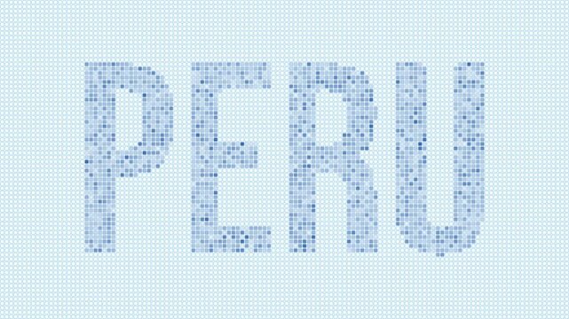 Peru dotted map animation. Digital style shape of the country. Peru shape and title dots appear with bulb flickering effect. Intro, outro, logo, title video.