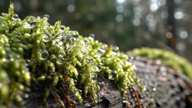 Water drop dripping on green moss in forest, macro shot