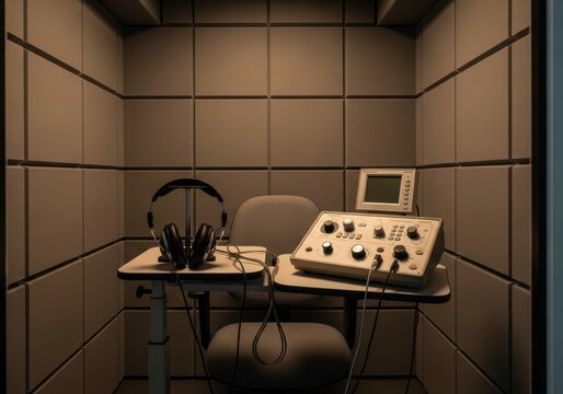 Professional audio testing booth features an audiometer and headphones on a desk.