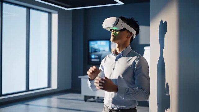 Asian man wearing VR headset interacting in modern office
