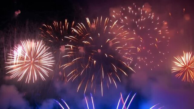 Spectacular colorful fireworks display exploding in the smoky night sky during a festive grand finale