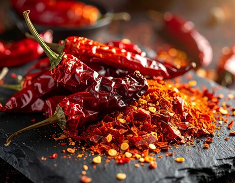 Dried Red Chili Peppers and Flakes on a Dark Stone Surface.