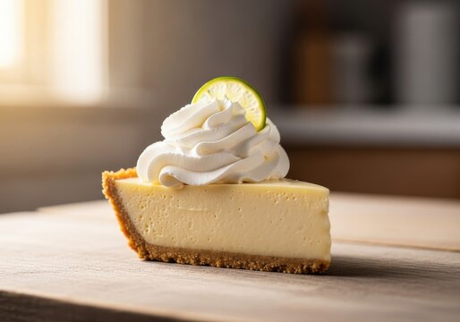 Slice of creamy key lime pie topped with whipped cream sits on a rustic wooden table.