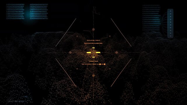 Sophisticated Head-Up Display featuring a target lock and "EVALUATING THREAT" status. Perfect for cybersecurity, military tech, and high-tech surveillance concepts.