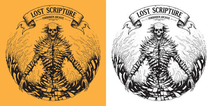 Lost Scripture Forbidden Archive Skeleton Scroll Ghost Illustration
