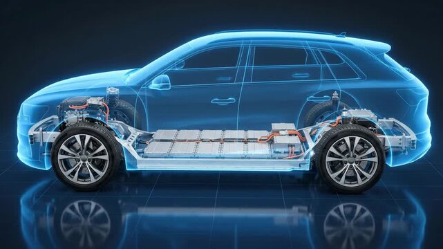 Electric car battery transparent energy innovation technology power future concept with transparent chassis drivetrain showing battery pack motor energy flow, advanced technology innovation and power