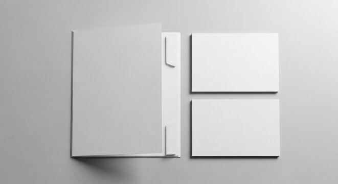 Clean white presentation folder mockup with internal pockets sits next to two blank stationery cards on a smooth light gray surface for branding product mockup design