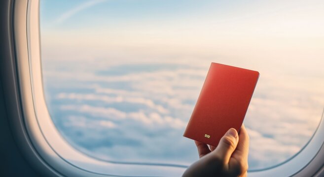 Hand holding a red passport by airplane window, looking at the sky and clouds. Representing travel, freedom, and international journey