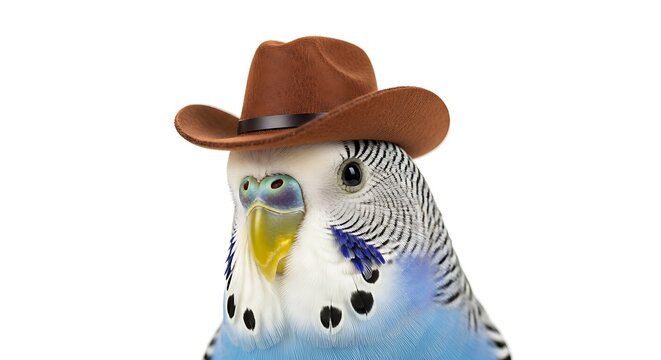 A close-up of a blue and white parakeet wearing a small brown cowboy hat