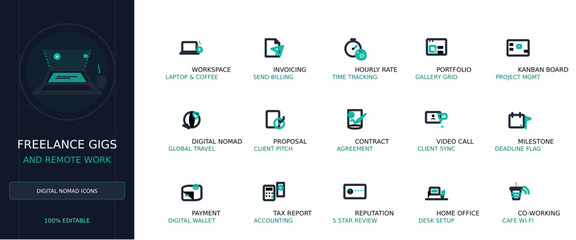 Fototapeta premium Freelance and Remote Work Digital Nomad Icon Set