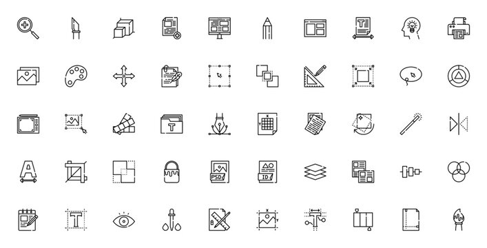 Editorial Design icon set. Vector graphics pack featuring zoom, cut, 3D, layout, pencil, brain, color palette, ruler, edit tools, font, brush and more.