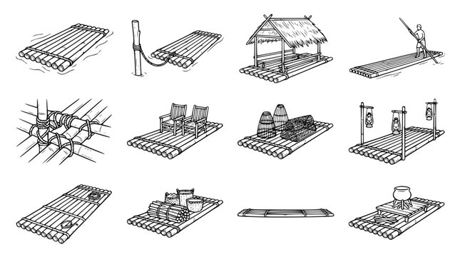 Various bamboo raft designs with different features and objects