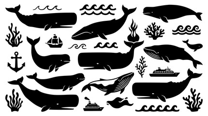 Fototapeta premium Black silhouette vector graphic of various whale designs