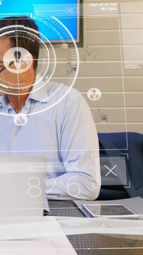 AR HUD appearing, mature male explaining and gesturing with marker at meeting table, copy space