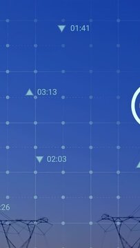 Vertical video: Time markers updating, center cycling service icons, showing network status on grid