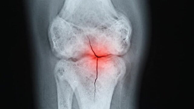 Red-glow fracture on knee X-ray over a dark loop-ready diagnostic background