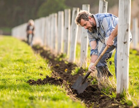 Man digging earth, framed by fence posts, another person in the distance