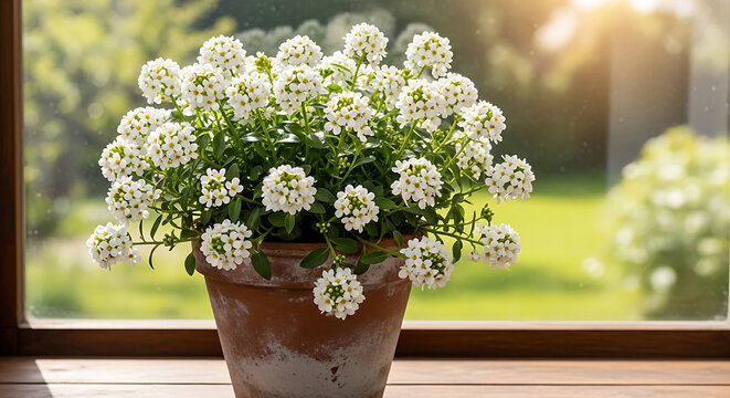 A lush cluster of white alyssum flowers in a terracotta pot on transparent background