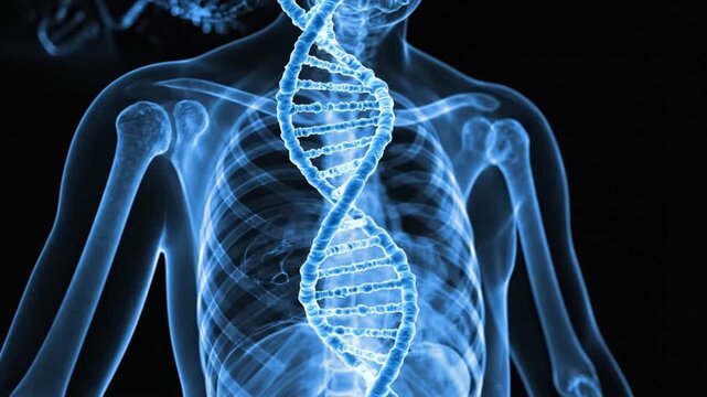 Glowing blue DNA loop background inside transparent human body outline