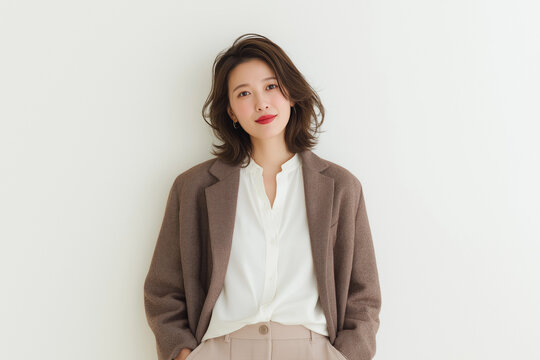 日本人, 女性, 30代, ビジネスウーマン, キャリアウーマン, 白背景, ポートレート, 自信, 信頼感, プロフェッショナル, ビジネス, 働く女性, キャリア, 転職, 求人, リーダーシップ, 落ち着き, 笑顔, 優秀, 人事, 企業, 広告素材, コピースペース, 切り抜き, ジャケット, ブラウス, 赤リップ, 茶髪, ミディアムヘア, ウェーブヘア, ナチュラル, 美肌, 清潔感,