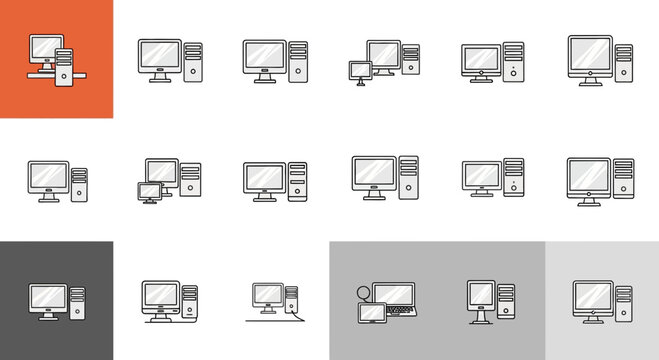 Computer Icons Set: Desktop PCs, Monitors, and Towers - Technology and Office Equipment