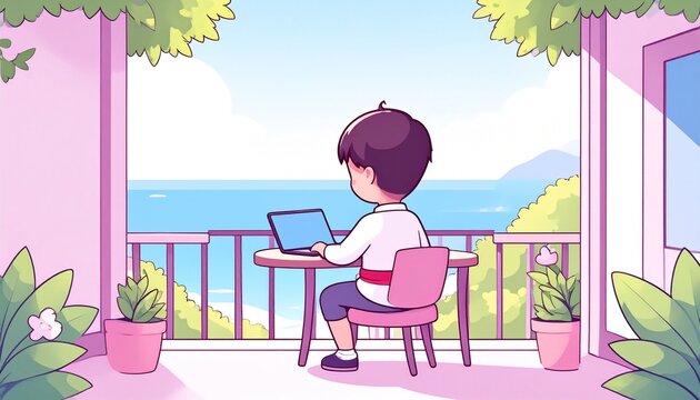Anime illustration of remote work on balcony with tropical ocean view