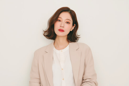 日本人, 女性, 30代, ビジネスウーマン, キャリアウーマン, 白背景, ポートレート, 自信, 信頼感, プロフェッショナル, ビジネス, 働く女性, キャリア, 転職, 求人, リーダーシップ, 落ち着き, 笑顔, 優秀, 人事, 企業, 広告素材, コピースペース, 切り抜き, ジャケット, ブラウス, 赤リップ, 茶髪, ミディアムヘア, ウェーブヘア, ナチュラル, 美肌, 清潔感,