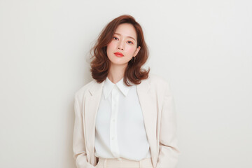 Obraz premium 日本人, 女性, 30代, ビジネスウーマン, キャリアウーマン, 白背景, ポートレート, 自信, 信頼感, プロフェッショナル, ビジネス, 働く女性, キャリア, 転職, 求人, リーダーシップ, 落ち着き, 笑顔, 優秀, 人事, 企業, 広告素材, コピースペース, 切り抜き, ジャケット, ブラウス, 赤リップ, 茶髪, ミディアムヘア, ウェーブヘア, ナチュラル, 美肌, 清潔感,