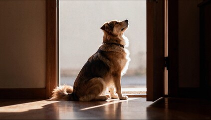 A medium-sized dog sits in a doorway, silhouetted by bright natural light coming from outside, looking up expectantly towards the open sky. © Yan