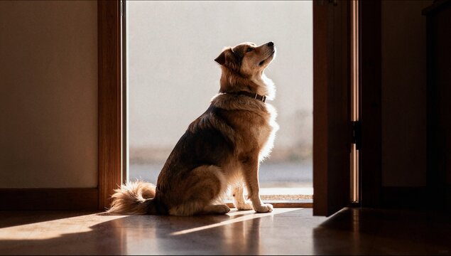 A medium-sized dog sits in a doorway, silhouetted by bright natural light coming from outside, looking up expectantly towards the open sky.