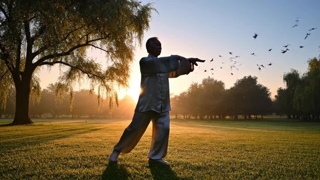 Elderly man practicing Tai Chi in a park at sunrise.